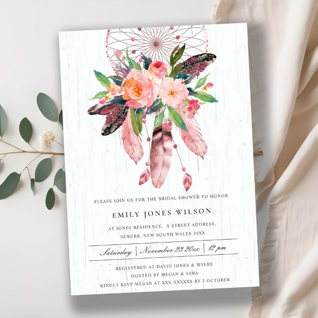 INVITACIÓN BOHO WOOD RUBOR DREAM CATCHER FLORAL BRIDAL DUCHA (Subido por el creador)