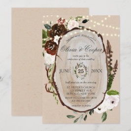 Invitación Boho Wood Slice Feather Marsala Boda Floral In