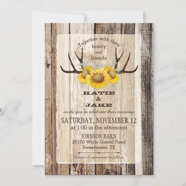 Invitación Boho Wood Sunflower Antlers Rústico Boda (Anverso)