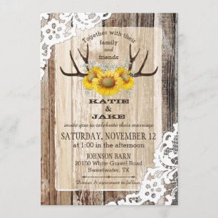 Invitación Boho Wood Sunflower Antlers Rústico Boda