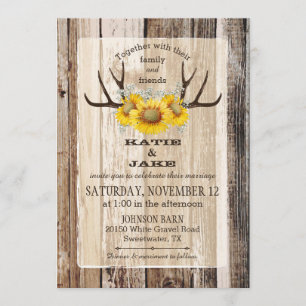 Invitación Boho Wood Sunflower Antlers Rústico Boda