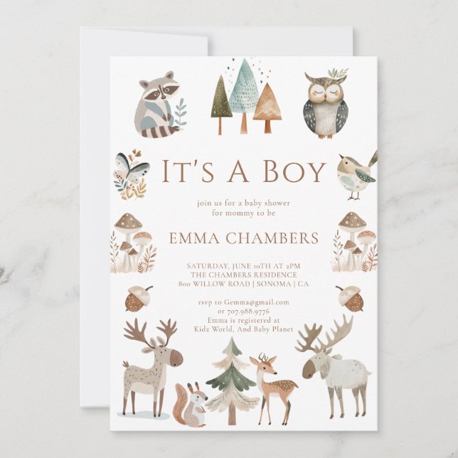Invitación Boho Woodland Animals It's A Boy Baby Shower (Anverso)