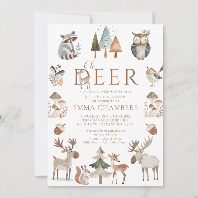 Invitación Boho Woodland Animals Oh Deer Chica Baby Shower (Anverso)