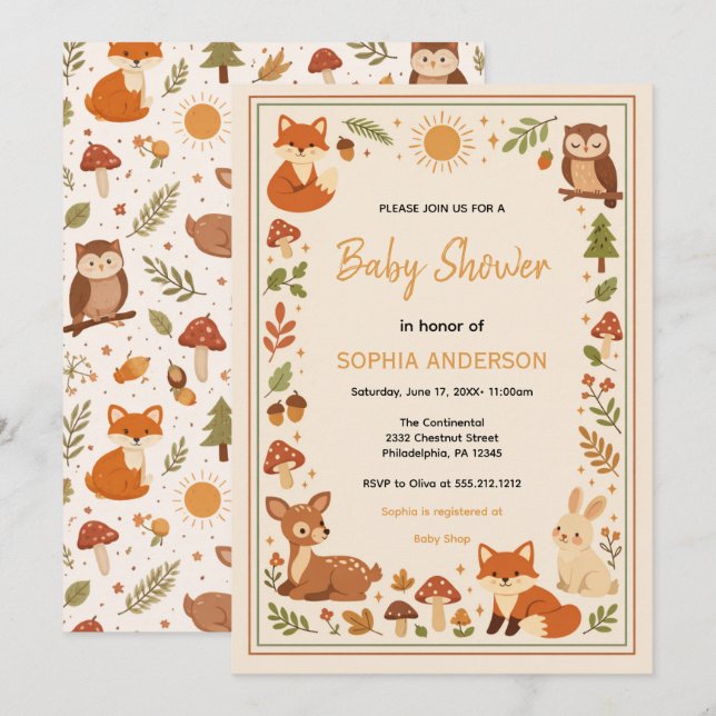 Invitación Boho Woodland Baby Shower | Rustic Forest Animals (Anverso / Reverso)