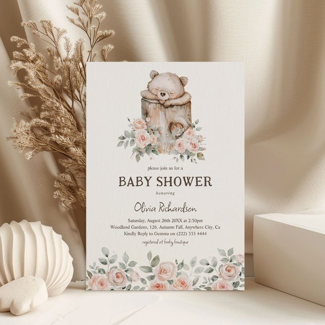 Invitación Boho Woodland Bear & Floral Baby Shower (Subido por el creador)