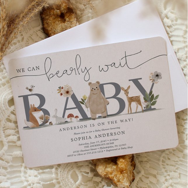 Invitación Boho Woodland Bearly Wait Bear Baby Shower (Subido por el creador)