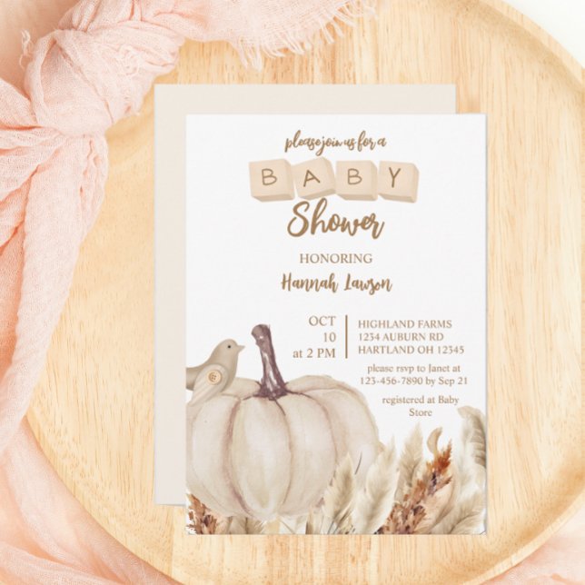 Invitación Boho Woodland cae Baby Shower de calabaza blanca (Subido por el creador)