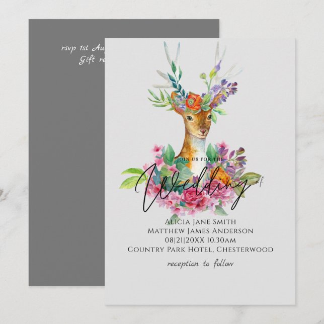 Invitación Boho Woodland Deer Floral Budget Wedding (Anverso / Reverso)
