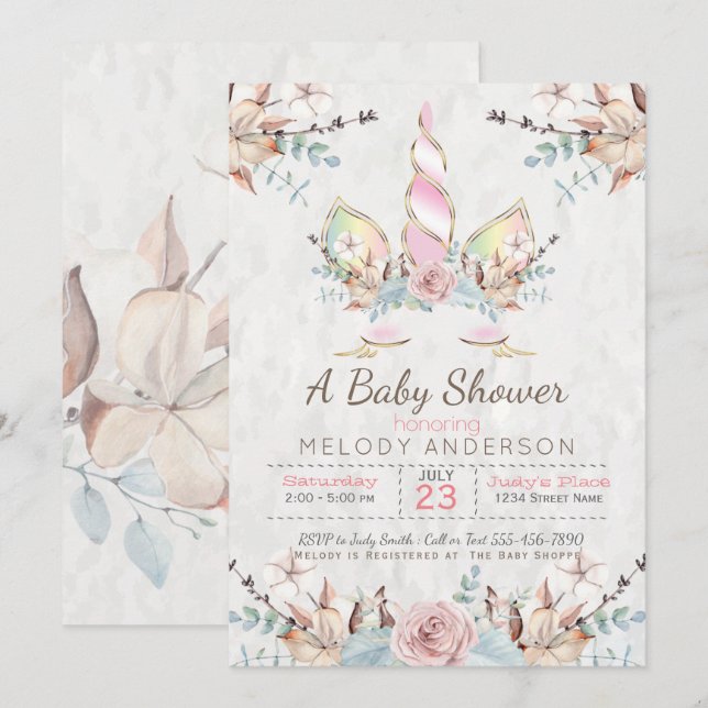 Invitación BOHO Woodland Floral Unicorn Baby Shower Pink (Anverso / Reverso)