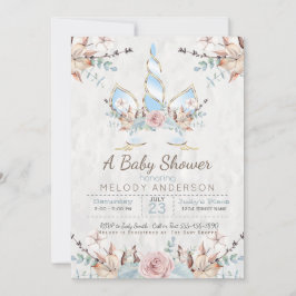 Invitación BOHO Woodland Floral Unicornio Baby Shower Blue