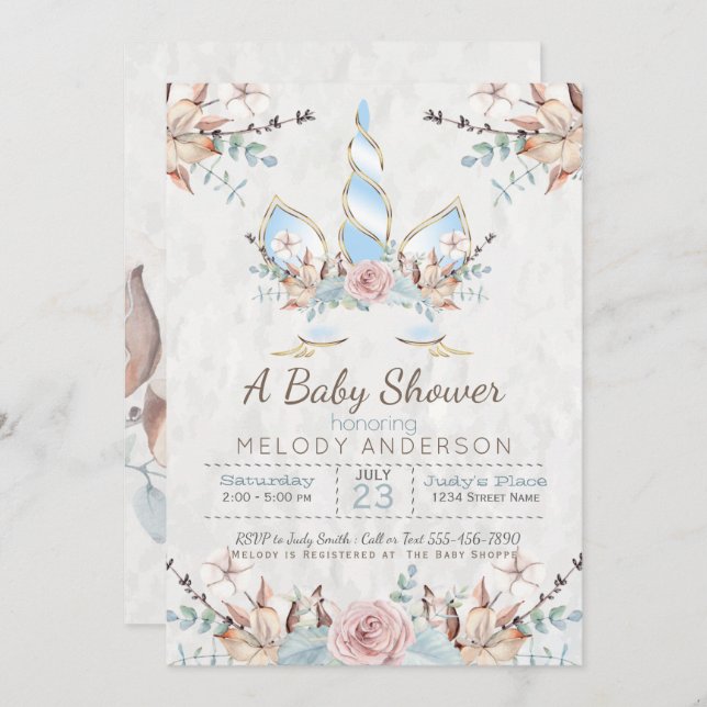 Invitación BOHO Woodland Floral Unicornio Baby Shower Blue (Anverso / Reverso)