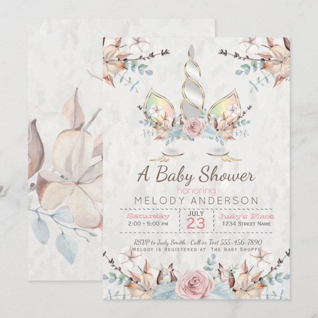Invitación BOHO Woodland Floral Unicornio Baby Shower Soft Gr (Anverso / Reverso)