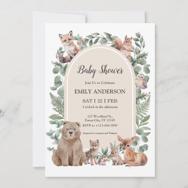 Invitación Boho Woodland Forest Animals Baby Shower Invitatio (Anverso)