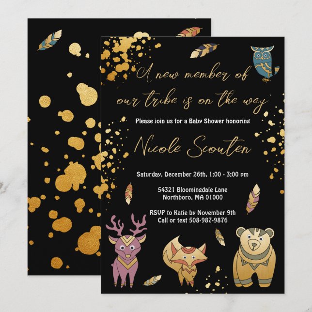 Invitación Boho Woodland Forest Animals Metallic Baby Shower (Anverso / Reverso)