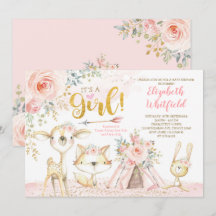 Boho Woodland Forest Pink Gold Floral Baby Shower