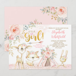 Invitación Boho Woodland Forest Pink Gold Floral Baby Shower