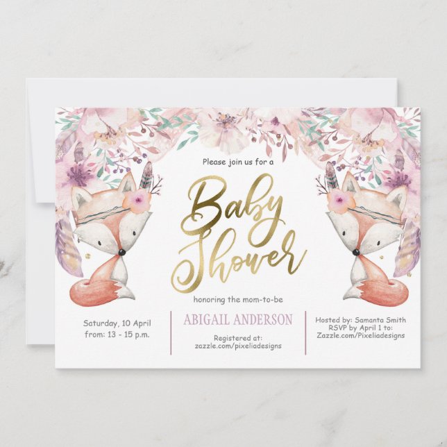 Invitación Boho, Woodland Fox, Floral, Baby Girl Shower (Anverso)
