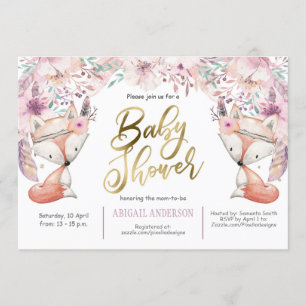 Invitación Boho, Woodland Fox, Floral, Baby Girl Shower
