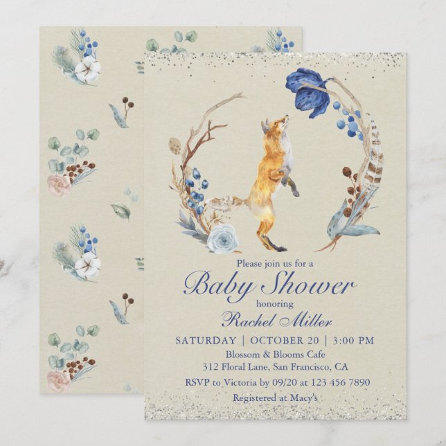 Invitación Boho Woodland Fox Watercolor Purpurina Baby Shower (Anverso / Reverso)