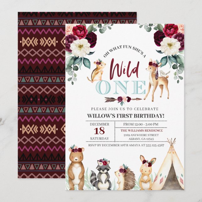 Invitación Boho Woodland Wild One First Birday Invitation (Anverso / Reverso)