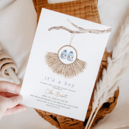 Invitación Boho Wreath Baby Boy Blue Tan Baby Shower