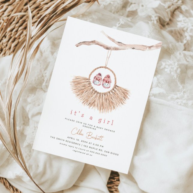 Invitación Boho Wreath Baby Girl Rubor Tan Baby Shower (Subido por el creador)