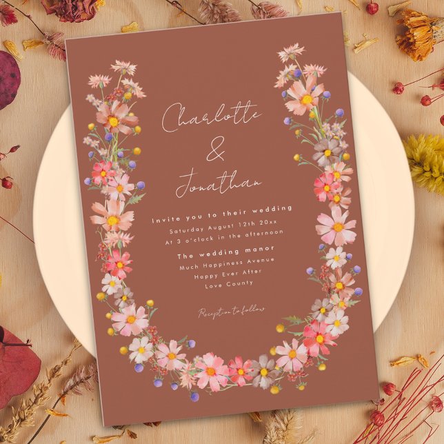 Invitación Boho Wreath Naranja de Flor Silvestre Boda de Caíd (Wildflower boho wreath burnt orange terracotta fall wedding invitation with whimsical script )