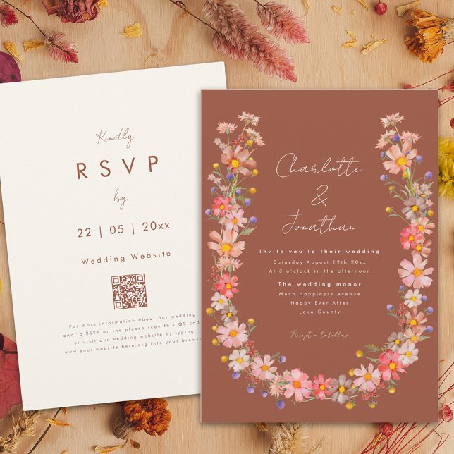 Invitación Boho Wreath Naranja de Flor Silvestre Boda de Caíd (Wildflower boho wreath burnt orange terracotta fall wedding invitation with whimsical script)
