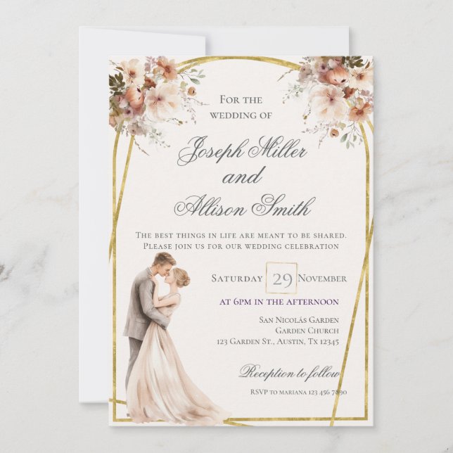 Invitación Boho y Boda del oro (Anverso)