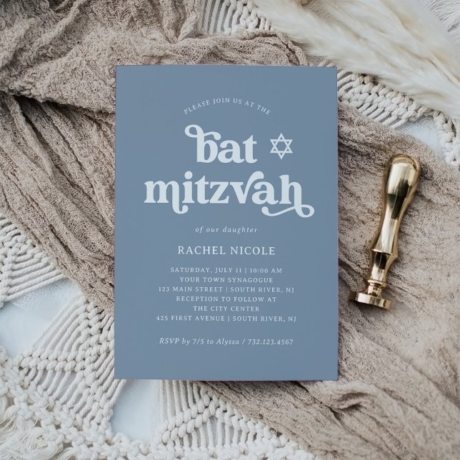 Invitación Boho y Retro Azul Polvoriento | Bat Mitzvah (Subido por el creador)
