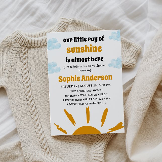 Invitación Boho Yellow Little Ray Of Sunshine Baby Shower (Subido por el creador)