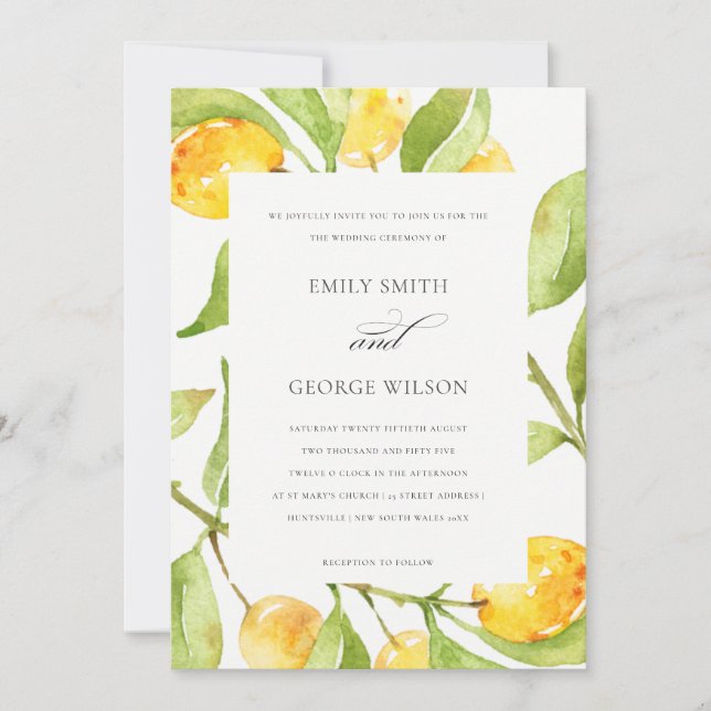 INVITACIÓN BOHO YELLOW WATERCOLOR FOLIAGE OLIVE BODA (Anverso)