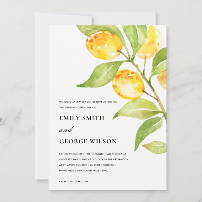 INVITACIÓN BOHO YELLOW WATERCOLOR FOLIAGE OLIVE BODA (Anverso)