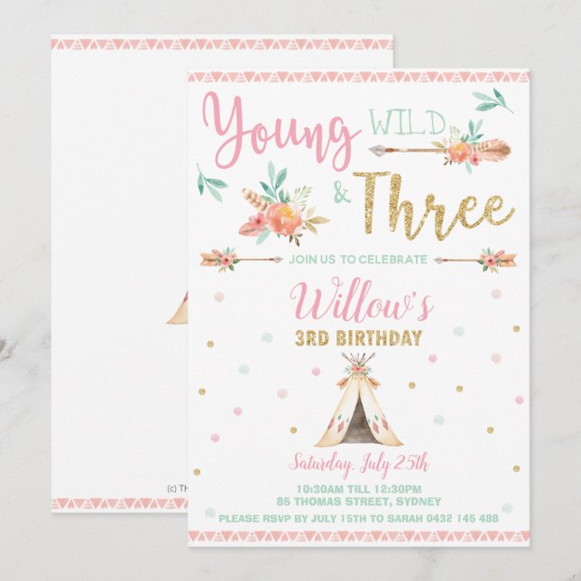 Invitación Boho Young Wild y el Chica de tres Fiestas de cump (Anverso / Reverso)
