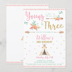 Invitación Boho Young Wild y el Chica de tres Fiestas de cump