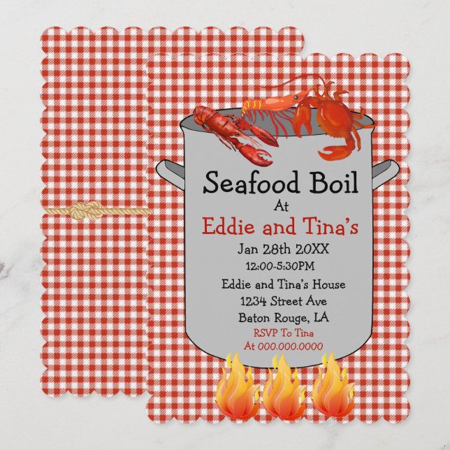 Invitación Boil Seafood Red Gingham (Anverso / Reverso)