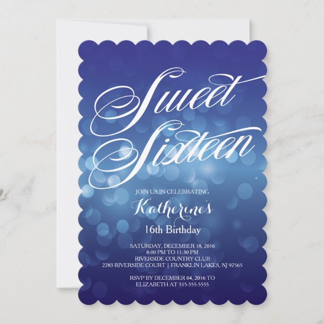Invitación Bokeh azul clásico enciende el décimosexto (Anverso)