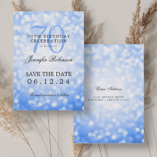 Invitación Bokeh azul de la marina 70 cumpleaños Salva la fec