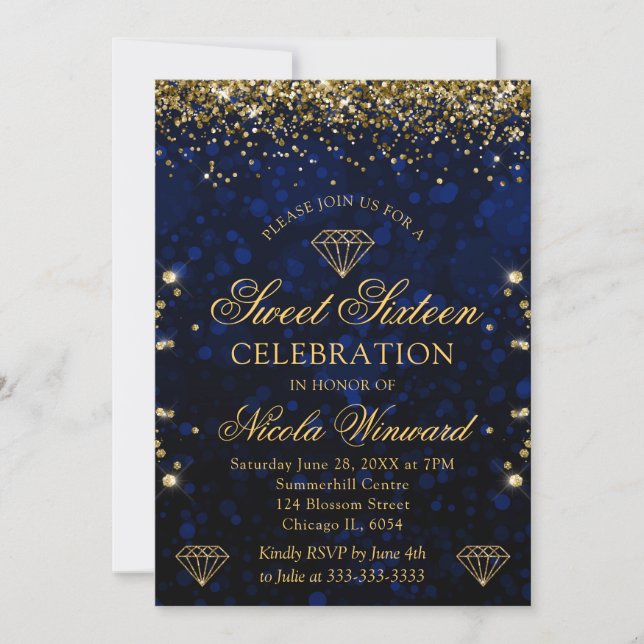 Invitación Bokeh Azul Oscuro y Brillo Dorado Cumpleaños 16 (Anverso)