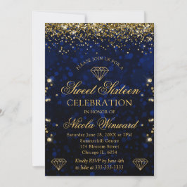 Invitación Bokeh Azul Oscuro y Brillo Dorado Cumpleaños 16