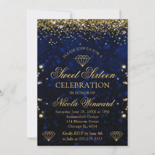 Invitación Bokeh Azul Oscuro y Brillo Dorado Cumpleaños 16