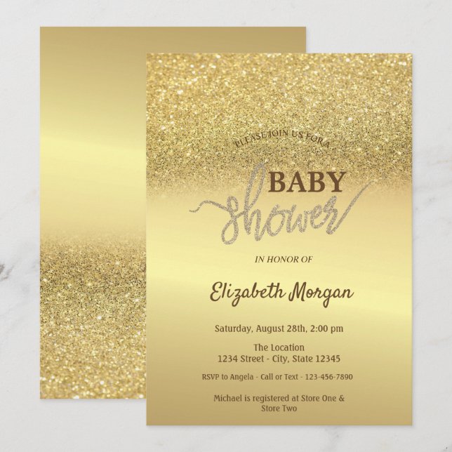 Invitación Bokeh Baby Shower, Purpurina de oro elegante (Anverso / Reverso)