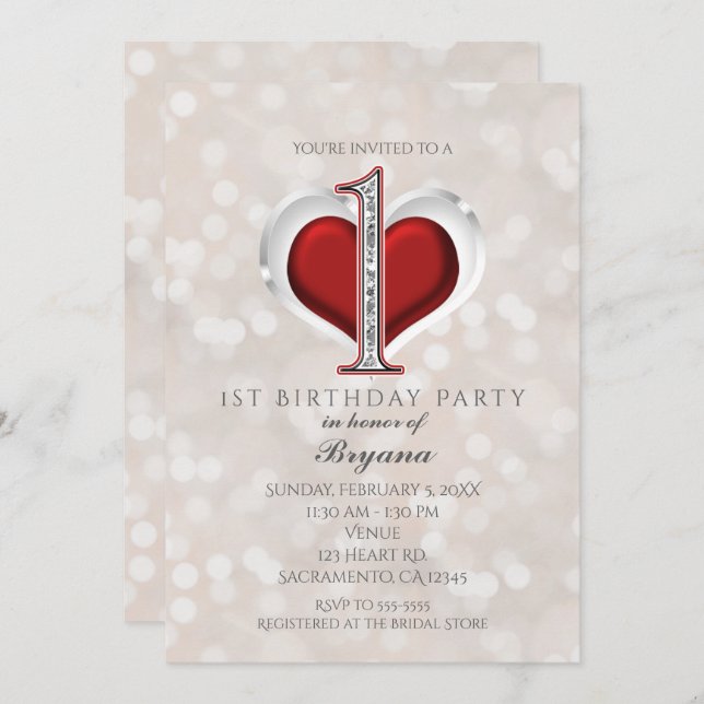 Invitación Bokeh Blanco y Glam de San Valentín Rojo Primer cu (Anverso / Reverso)