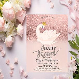 Invitación Bokeh de brillo de oro rosa, baby shower de cisne