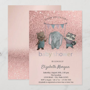 Invitación Bokeh de brillo dorado rosa, baby shower de animal