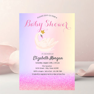 Invitación Bokeh de brillo violeta, Corona de cisne para baby