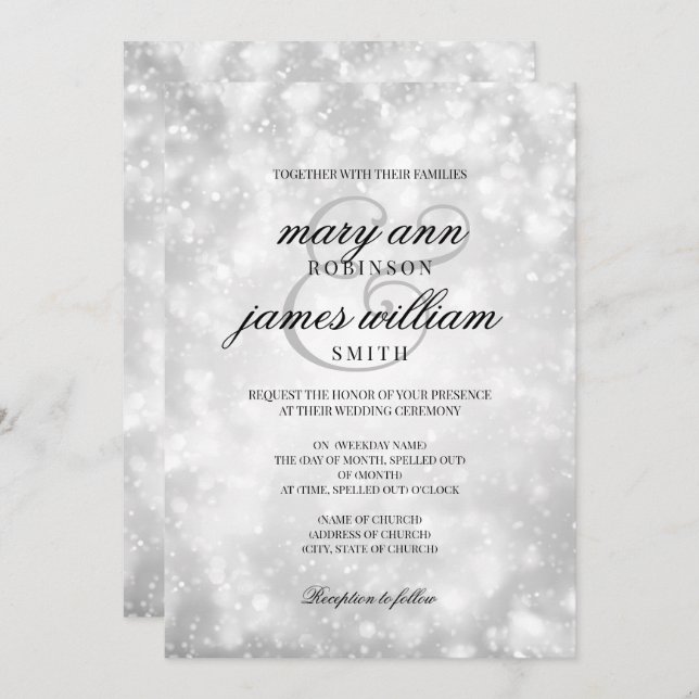 Invitación Bokeh de champagne de plata Bokeh elegante boda (Anverso / Reverso)