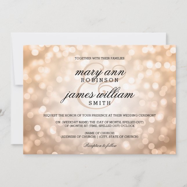 Invitación Bokeh de cobre enciende la boda elegante (Anverso)