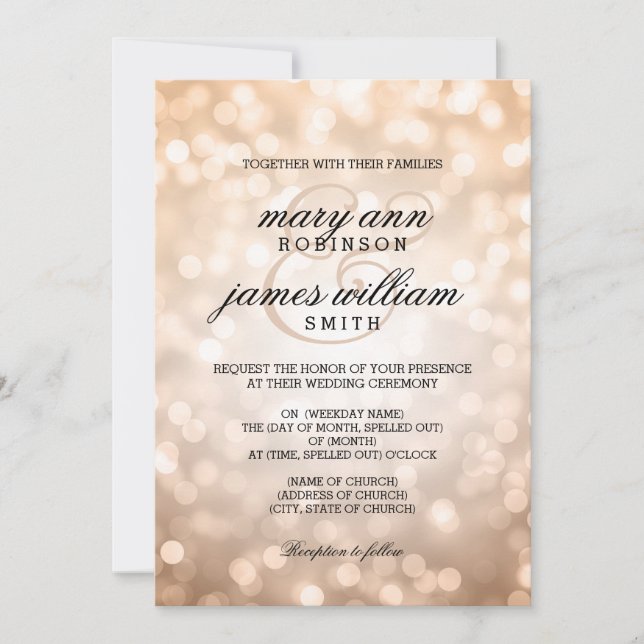 Invitación Bokeh de cobre ilumina una boda elegante (Anverso)