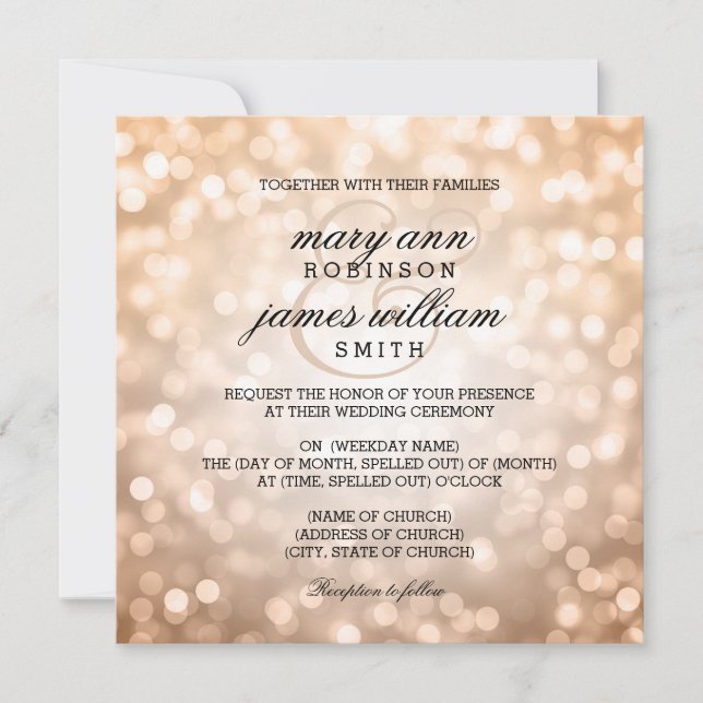 Invitación Bokeh de cobre ilumina una boda elegante (Anverso)